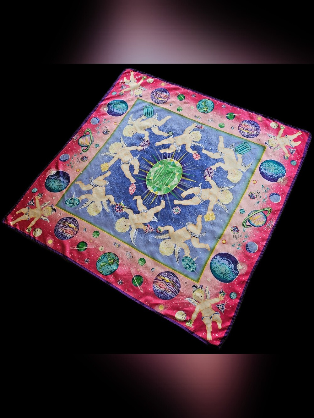 Wendy Gell Planets And Angels RARE Hand-rolled Vintage Silk Scarf
